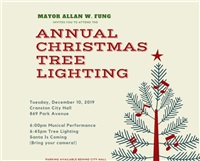 Tuesday, December 10, at 6:00pm Christmas Tree Lighting Ceremony at City Hall 